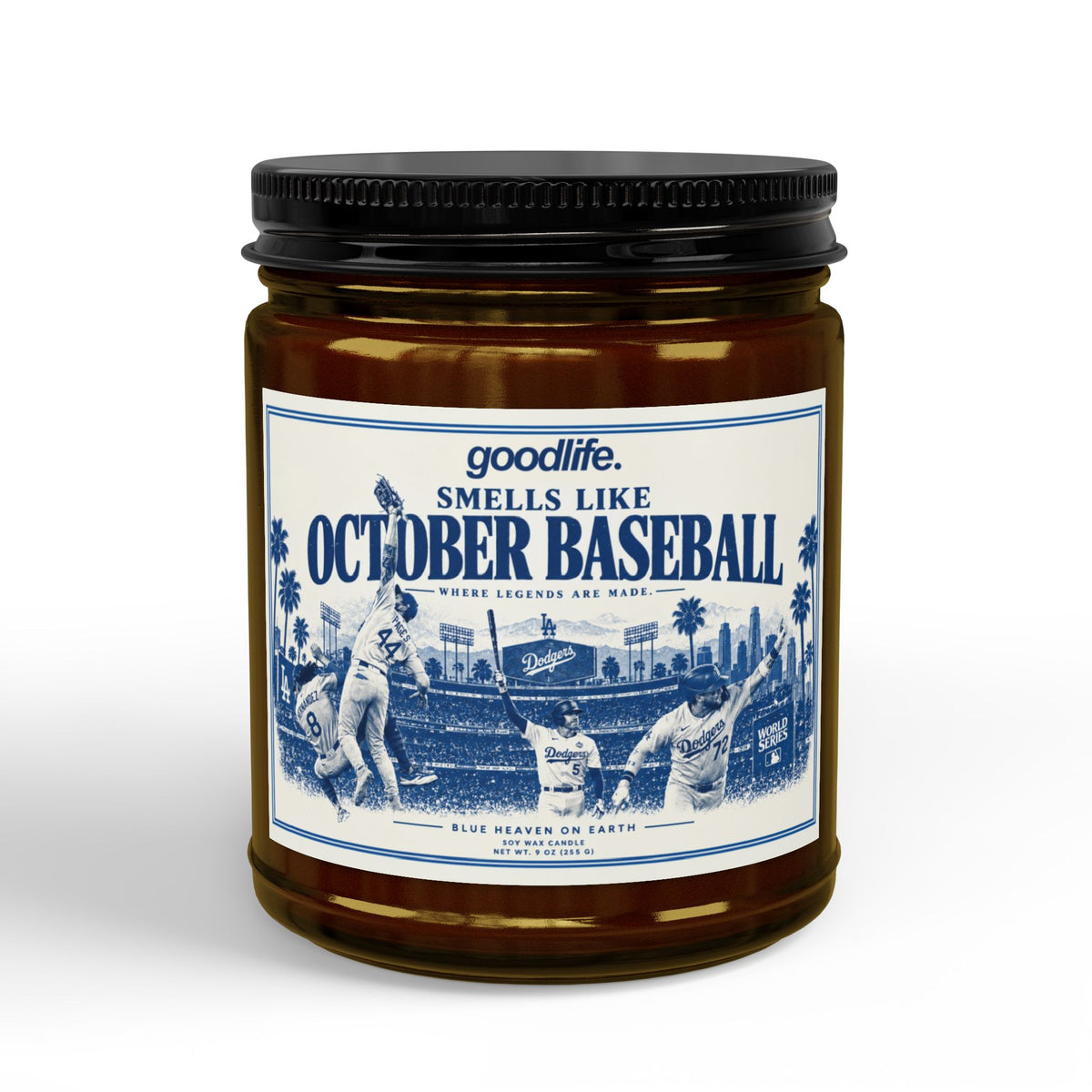 October Baseball Scented Soy Candle — Amber Jar with Black Lid (4oz & 9oz)