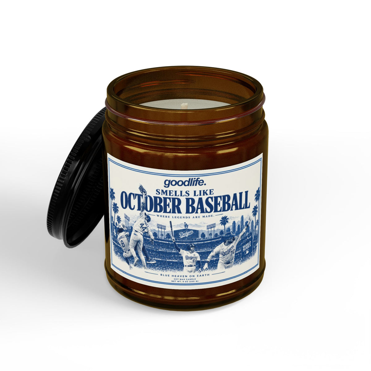 October Baseball Scented Soy Candle — Amber Jar with Black Lid (4oz & 9oz)