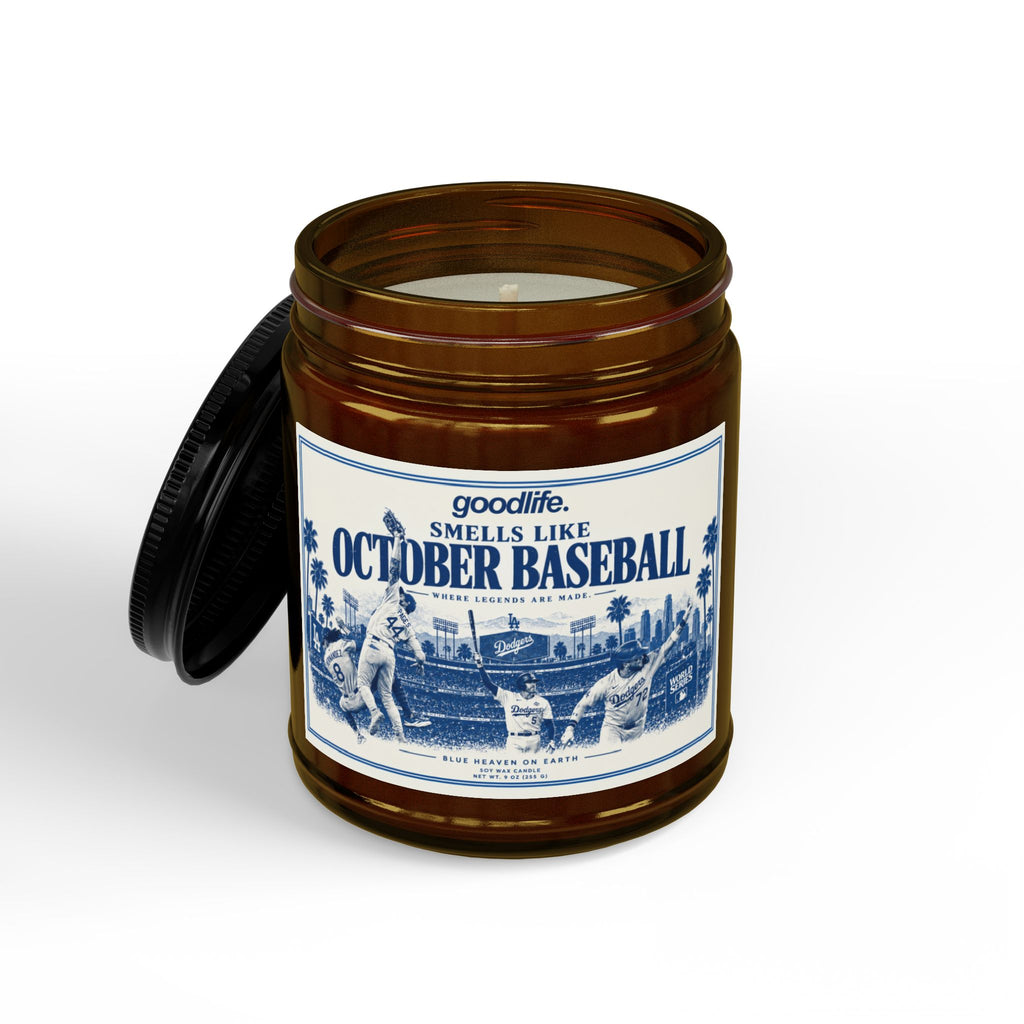 October Baseball Scented Soy Candle — Amber Jar with Black Lid (4oz & 9oz)