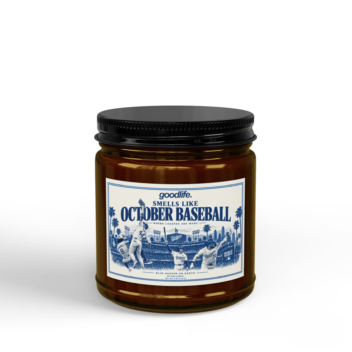 October Baseball Scented Soy Candle — Amber Jar with Black Lid (4oz & 9oz)